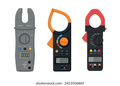 Current sensor clamp meter digital multimeter measure device set realistic vector illustration. Electronic engineering industrial instrument for electricity power test maintenance measurement