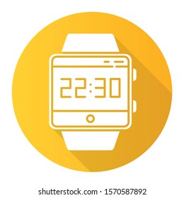 Current time smartwatch function orange flat design long shadow glyph icon. Fitness wristband. Clock, time measurement. Hours, minutes and seconds counting. Isolated Vector silhouette illustration