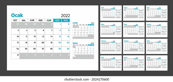 current turkish 2022 vector calendar