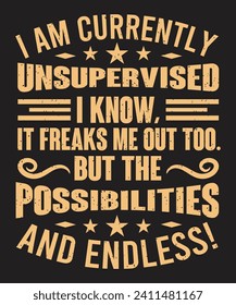 I Am Currently Unsupervised I know it freaks me out too textured lettering grunge effect t shirt design