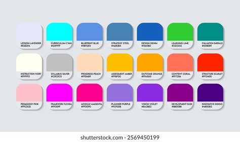 Curriculum Developer Color Guide Palette with Color Names. Catalog Sample Curriculum Developers with RGB HEX codes and Names. Curriculum Developer Color Palette, Fashion Trend Developer Color Palette