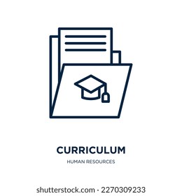 icono de currículum de la colección de recursos humanos. Curso lineal delgado, negocios, ícono de esquema de trabajo aislado en fondo blanco. Signo de currículum vectorial de línea, símbolo para web y móvil