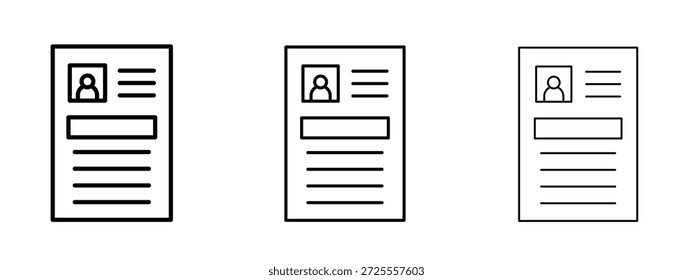 Símbolo de linha fina do ícone de currículo no plano de fundo branco, ilustração de vetor de traçado editável