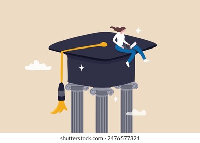 Curriculum, learning or education, student academic, study new knowledge or scholarship, learning lesson, certificate or graduated concept, smart woman learning with laptop on mortarboard pillars.