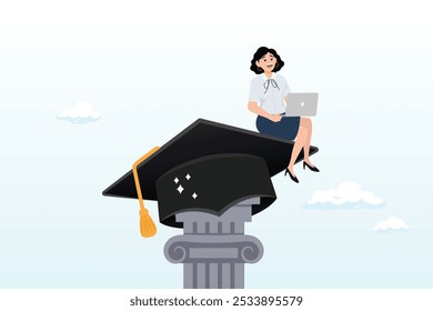 Curriculum, learning or education, student academic, study new knowledge or scholarship, learning lesson, certificate or graduated concept, smart woman learning with laptop on mortarboard pillars