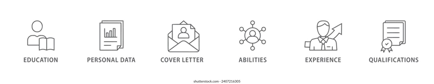 Currículum vitae banner icono web ilustración vectorial con icono de educación, datos personales, carta de presentación, habilidades, experiencia y calificaciones