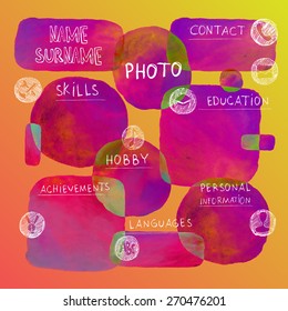 Curriculum vitae creative template with watercolor background elements. CV/ Resume colorful design.
