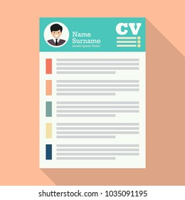 Curriculum Vitae or CV application paper sheet. Flat style vector Illustration