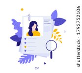 Curriculum vitae or CV and magnifying glass. Concept of professional staff recruitment, job application, hiring personnel, selection of candidates, employment. Modern flat vector illustration.