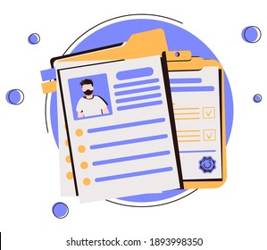 Curriculum vitae or CV and magnifying glass. Concept of professional staff recruitment, job application, hiring personnel, selection of candidates, employment. Modern flat vector illustration.