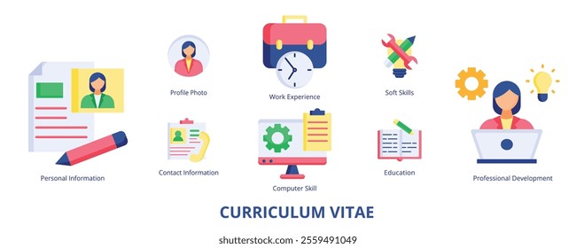 Curriculum Vitae Flat Banner Web Icon Set Vector Illustration