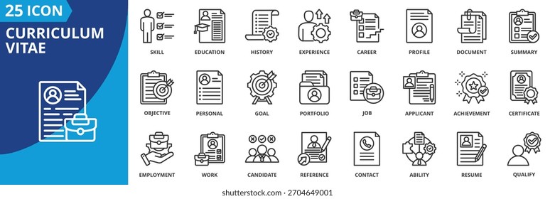 curriculum vitae Symbol Set Sammlung im Gliederungsstil. icon pack enthält profil, lebenslauf, karriere, fertigkeit, erfahrung, bildung, zusammenfassung, kontakt, portfolio, ziel symbol