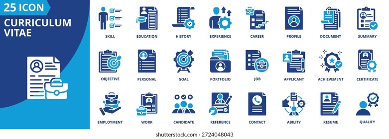 curriculum vitae icon set collection in solid glyph dual color style. pacote contém perfil, currículo, carreira, habilidade, experiência, educação, resumo, contato, portfólio, ícone de meta
