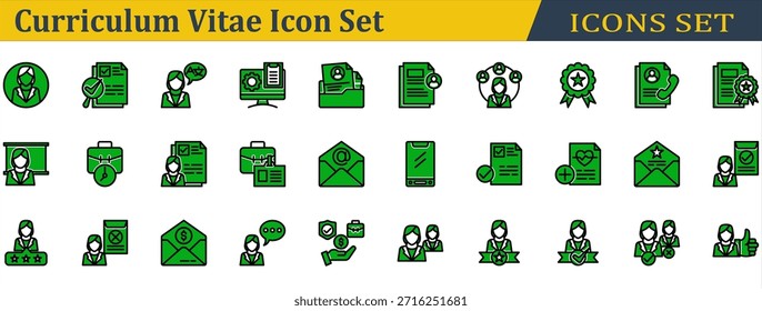 Conjunto De Ícones Curriculum Vitae. Contendo Perfil,Referência,Idioma,Habilidade,Pasta Portfólio,Informações Pessoais,Liderança,Conquista,Informações De Contato,Certificação,Curso. Estilo Linear da Cor do Glifo