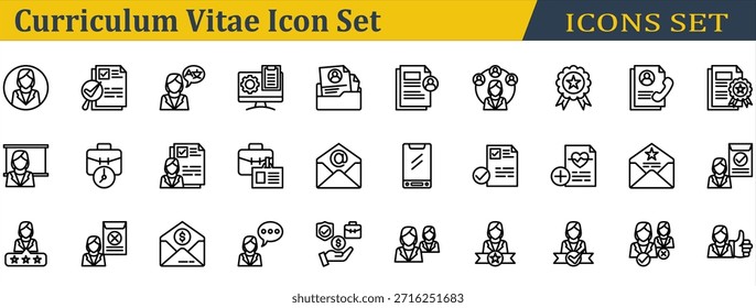 Conjunto De Ícones Curriculum Vitae. Contendo Perfil,Referência,Idioma,Habilidade,Pasta Portfólio,Informações Pessoais,Liderança,Conquista,Informações De Contato,Certificação,Curso. Estilo de Estrutura de Tópicos