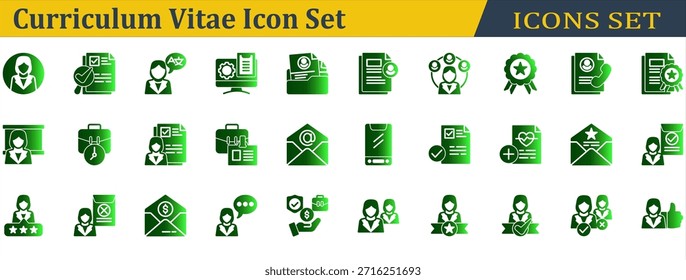 Conjunto de iconos de curriculum vitae. Contiene Perfil, Referencia, Idioma, Habilidad, Carpeta de Carteras, Información personal, Liderazgo, Logro, Información de contacto, Certificación, Curso. Estilo de degradado de glifo