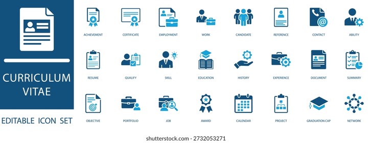 Lebenslauf-Symbolsatz. Moderne Glyphe-Symbole für die Wiederaufnahme, Jobsuche, Karrieregeschichte, berufliche Qualifikationen, Einstellung und Arbeitserfahrung.