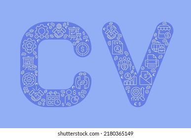 Curriculum vitae pixel perfect shaped concept filled with editable linear icons. CV and resume. Apply for position. Simple thin line symbols composition on blue background. Vector outline drawing