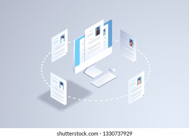currículum vitae candidato a puesto de trabajo su concepto de contratación de personal cv reanudar perfil en pantalla de monitor de ordenador 3d plano isométrico horizontal