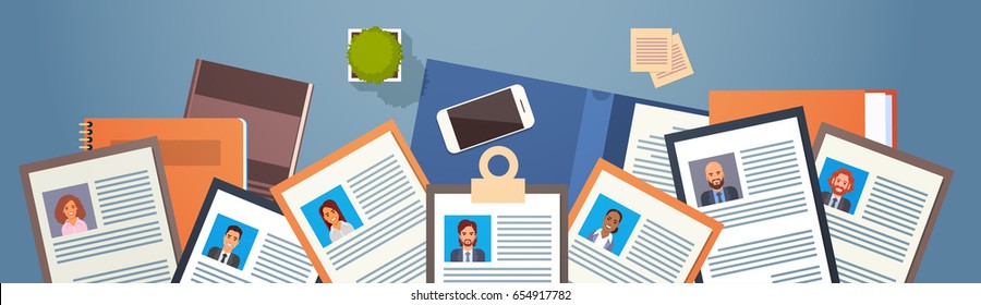 Curriculum Vitae Recruitment Candidate Job Position, CV Profile On Desk Top Angle View Business People to Hire Vector Illustration