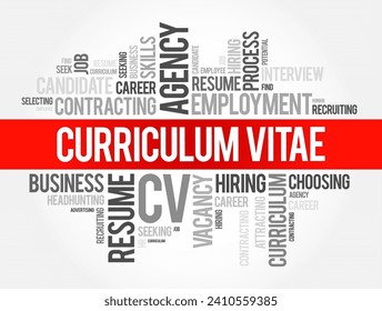 Curriculum Vitae is a short written summary of a person's career, qualifications, and education, word cloud text concept background