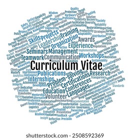 Curriculum Vitae Word Cloud. Composition of Words Related to CV Components. Powerful Resume Keywords for Human Resource Development and Job Seekers. Isolated White Background.
