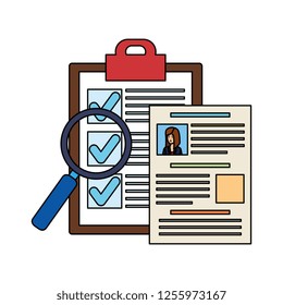 curriculums vitaes with magnifying glass and checklist