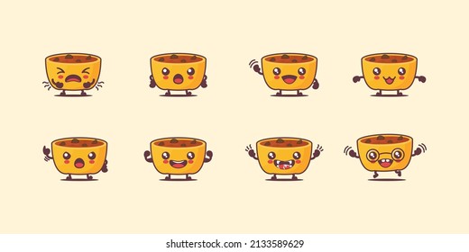 Curry cartoon. vector illustration, soup dish, asian cuisine. with different faces and expressions. cute cartoon