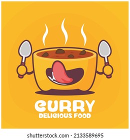 Curry Cartoon. Vector Illustration, Soup Dish, Asian Cuisine. With A Funny Expression