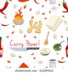 Curry food ingredients icons set seamless pattern vector illustration