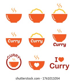 Curry, Indian spicy food vector color icons set.
 
Vector icons set of curry meal isolated on white - Asian food in restuarant or take-away
 