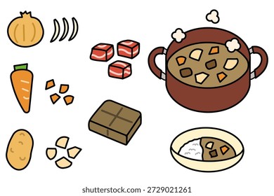 Curry making recipe illustration set.