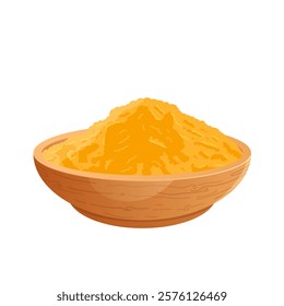 Curry powder in bowl in flat design. Culinary spice, yellow dry condiment. Vector illustration isolated.