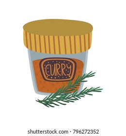 Curry powder in a glass jar, spice herb, element for restaurant or kitchen menu design,  cartoon  vector Illustration