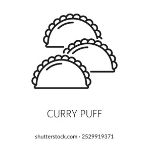 Curry puff Singapura ícone de férias de viagem. Sinal vetorial de comida de rua ou lanche tradicional cingapuriana bem amada, recheada de curry temperado. Cozinha asiática, iguarias culturais e culinária do sudeste