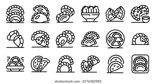 Curry puffs icons set. Chefs preparing and serving delicious dumplings, empanadas, and other savory pastries