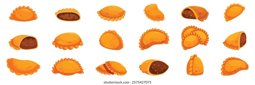 Curry puffs icons set. Collection of empanadas, showcasing diverse shapes and fillings, ideal for menu design and culinary projects