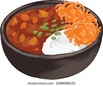 curry rice bowl with salad painting menu illustration