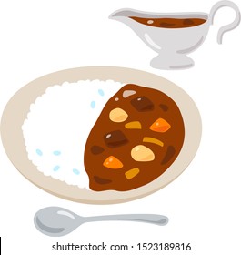 Curry rice on a dish and a sauce pot