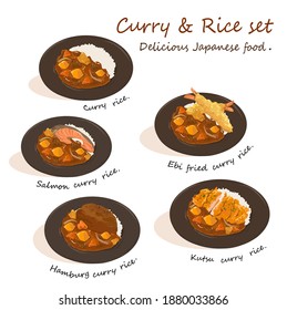 Curry and rice set vector on white background. Salmon, Shrimp fried, Hamburg steak and Kutsu toppings.