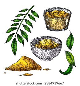 curry set hand drawn. spicy asian, dish indian, sauce traditional curry vector sketch. isolated color illustration