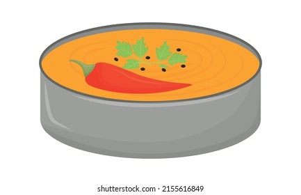 Curry soup in bowl semi flat color vector element. Full sized object on white. Course with hot pepper and parsley. Savoury soup simple cartoon style illustration for web graphic design and animation