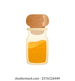 Curry spice in bottle in flat design. Aromatic yellow powder condiment. Vector illustration isolated.