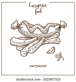 Currywurst sausage and fries sketch icon for European German food cuisine fast food menu design