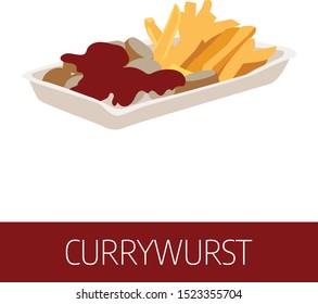 Currywurst vector illustration. Traditional national German meal, European street food illustration. Detailed icon of Berlin dish isolated on white background. Street food menu template.