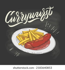 Currywurst-vector illustration. A traditional German dish served with beer at the Oktoberfest.