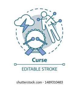 Curse concept icon. Occultism and witchcraft idea thin line illustration. Black magic, death spell. Voodoo doll with needles, drum and storm cloud vector isolated outline drawing. Editable stroke