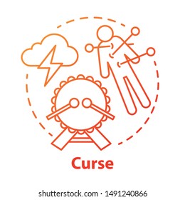 Curse concept icon. Occultism and witchcraft idea thin line illustration. Black magic, death spell, mystic ritual. Voodoo doll with needles, drum and storm cloud vector isolated outline drawing