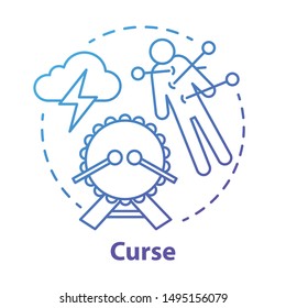 Curse concept icon. Occultism and witchcraft idea thin line illustration. Black magic, death spell, supernatural ritual. Voodoo doll with needles, drum and storm cloud vector isolated outline drawing