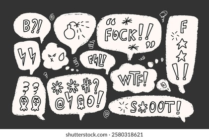 Curse crayon doodle text. Swear words on chalk speech bubbles. Bad expression on chat dialog boxes. Aggressive swearwords isolated on black background. Haters signs. Vector hand drawn illustration.